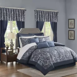 Madison Park Essentials Cadence 24-pc Complete Comforter Set With Sheets And Curtains -Bedding Shop 2498270 Navy