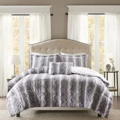 Madison Park Marselle Faux Fur Comforter Set With Throw Pillow -Bedding Shop 2758061 Gray