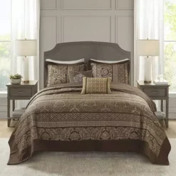 Madison Park Venetian 5-piece Jacquard Bedspread Set With Throw Pillows -Bedding Shop 3237227 Brown