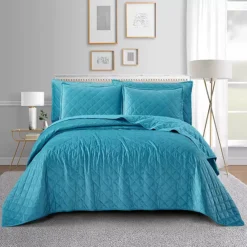 Serenta Velvet Carafe Quilted Bedspread Set -Bedding Shop 3736081 Storm Blue 1