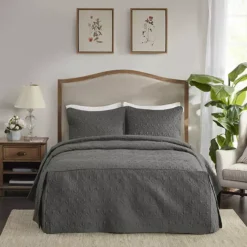Madison Park Mansfield 3-piece Split Corner Pleated Bedspread Set -Bedding Shop 3853577 Dark Gray