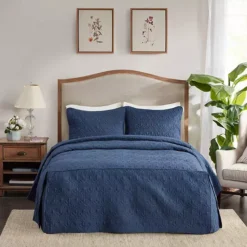 Madison Park Mansfield 3-piece Split Corner Pleated Bedspread Set -Bedding Shop 3853577 Navy