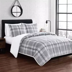 Cannon Cozy Teddy Plaid Comforter Set With Shams -Bedding Shop 5264406 Gray