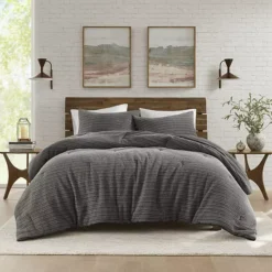 Woolrich Lyon 3 Pc Waffle Washed Cotton Comforter Set -Bedding Shop 7771421 Charcoal