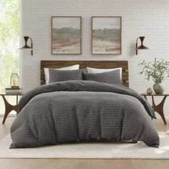 Woolrich Lyon 3 Pc Waffle Washed Cotton Duvet Set -Bedding Shop 7771424 Charcoal