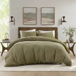 Woolrich Lyon 3 Pc Waffle Washed Cotton Duvet Set -Bedding Shop 7771424 Green 1