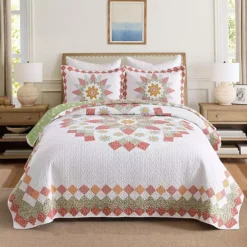 MarCielo 3 Pcs 100% Cotton Vibrant Floral Patchwork Quilt Bedspread Set